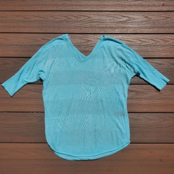 Express Aqua Blue Sweater Dolman Sleeve V Neck Open Knit Stripe Preppy Casual XS - Picture 1 of 7